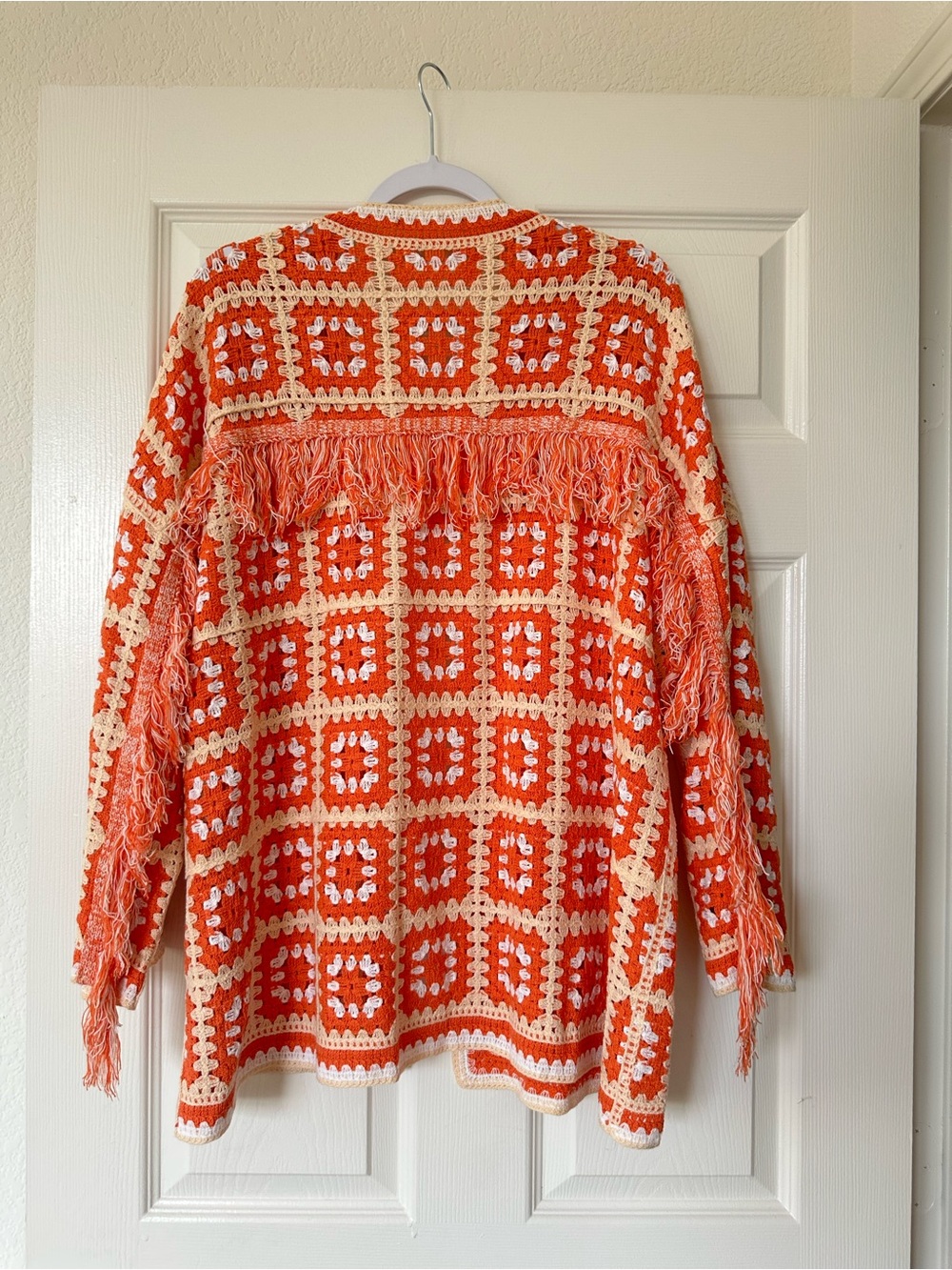 Maje Mathiou Cotton Fringe Orange White Crochet Knit Cardigan Sweater - Picture 7 of 7